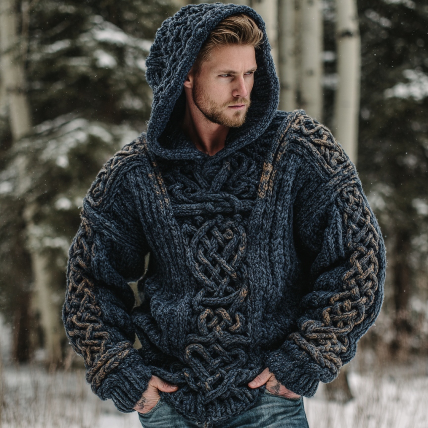 Vintage Viking Celtic Knot Art Chunky Knit Hooded Sweater