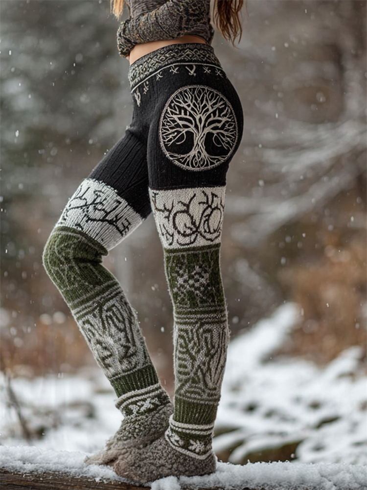 Vintage Tree Of Life Vines Celtic Colorblock Cozy Knit Leggings