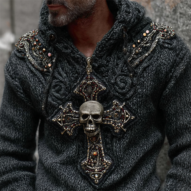 Men's Skull Cross Studded Celtic Cozy Chunky Hooded Sweater