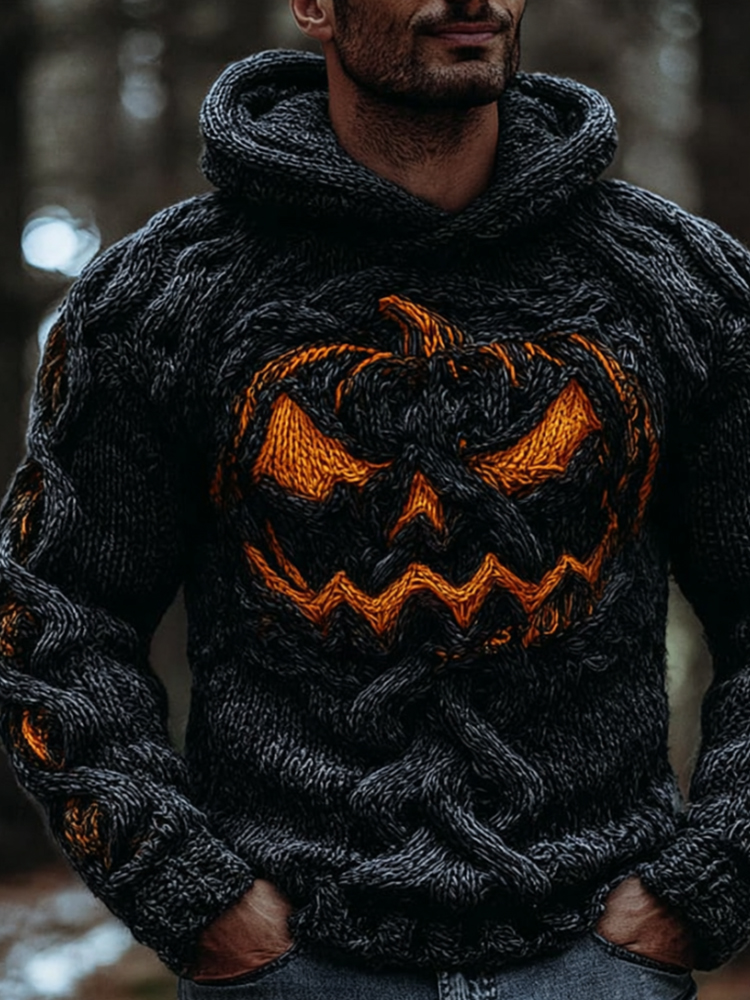 Men's Halloween Pumpkin Smiley Face Bright Color Knitted Pattern Hooded Sweater