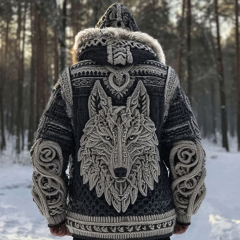 Men's Vintage Viking Wolf Pattern Knit Hooded Zipper Jacket