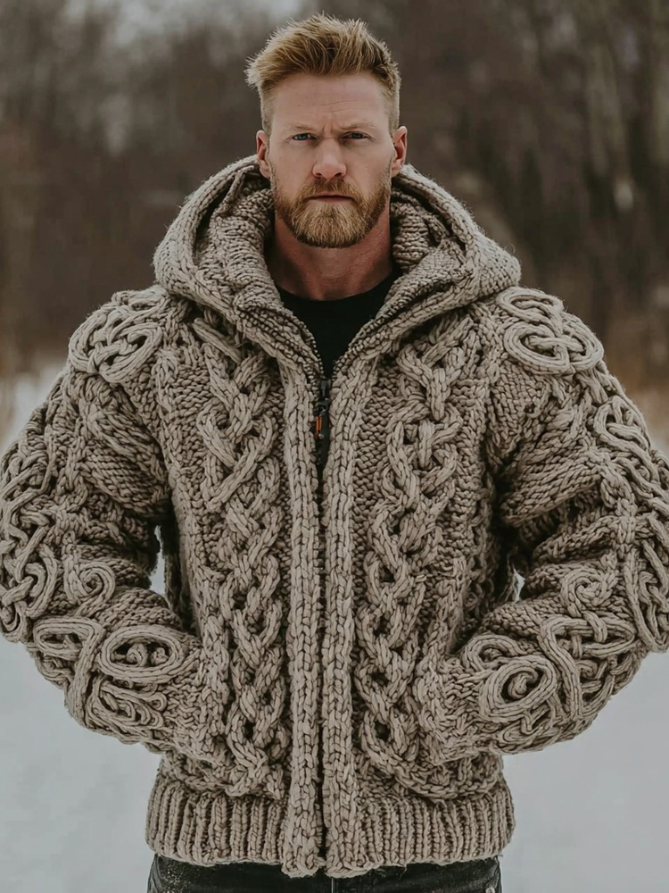 Men's Vintage Viking Celtic Knit Jacquard Zip Hooded Sweater