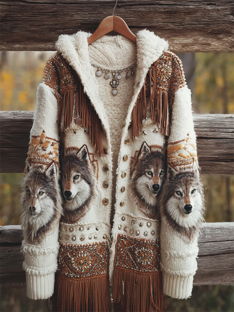Vintage Western Wolf Contrast Tassels Cozy Hooded Cardigan