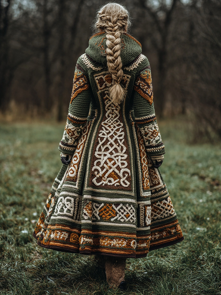 Women's Vintage Celtic Knot Rune Contrast Knit Hooded Coat