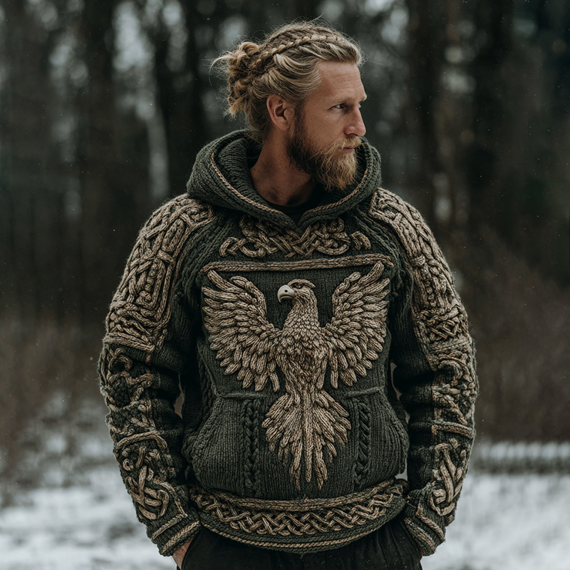 Men's Vintage Viking Celtic Knot Eagle Knit Hooded Sweater