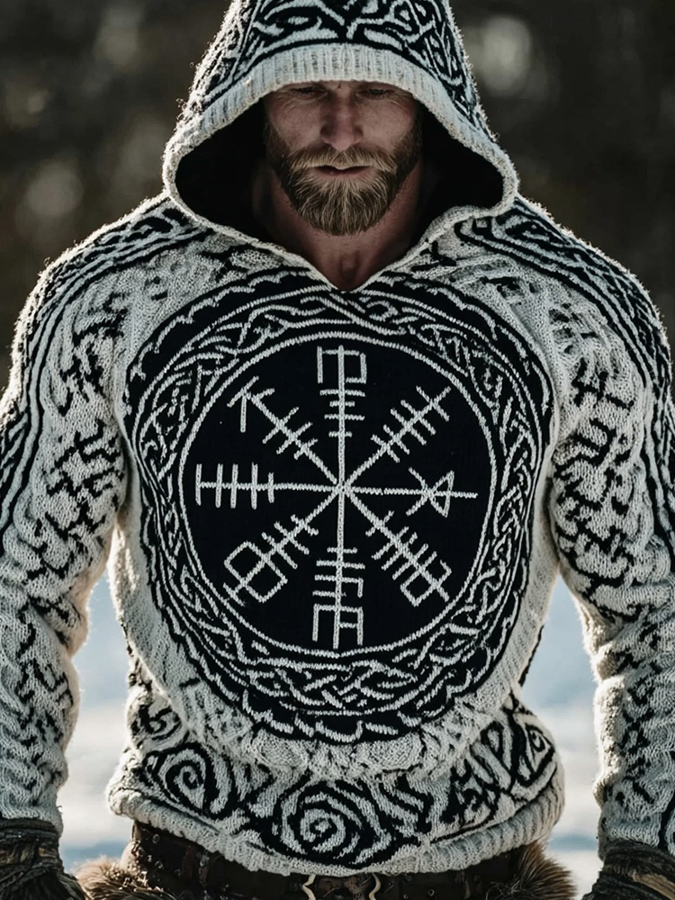 Men's Viking Compass Vegvisir Chunky Hooded Sweater