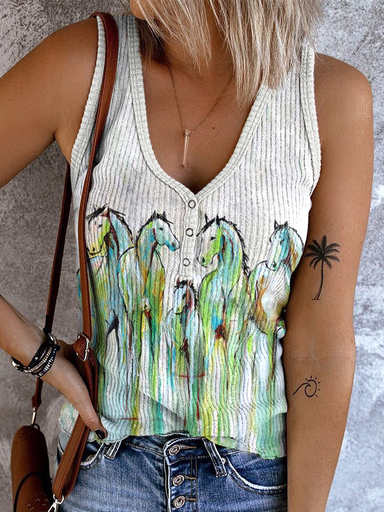 Oil Painting Art Horse Print Cozy Button Up Tank Top