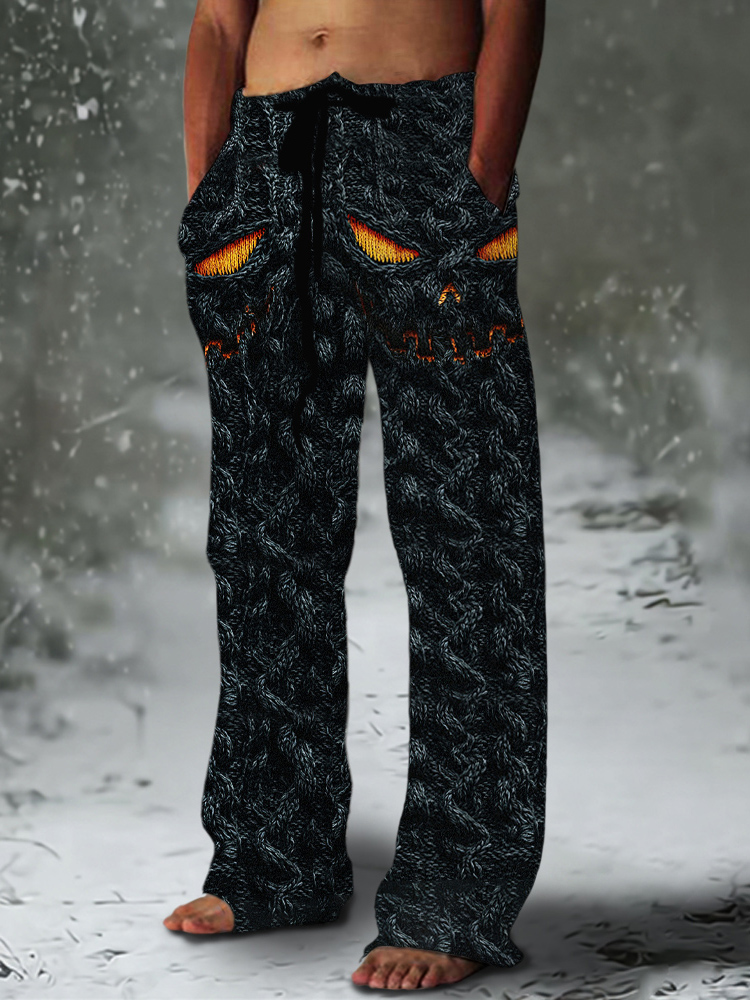 Halloween Evil Pumpkin Emoji Men's Chunky Knit Pants