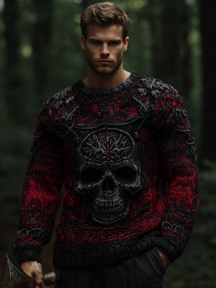 Men's Vintage Halloween Skull Viking Art Knit Sweater