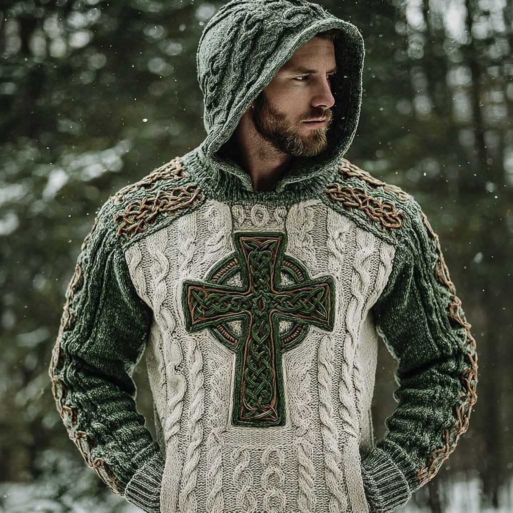 Men's Vintage Irish Celtic Cross Knit Chunky Hooded Sweater