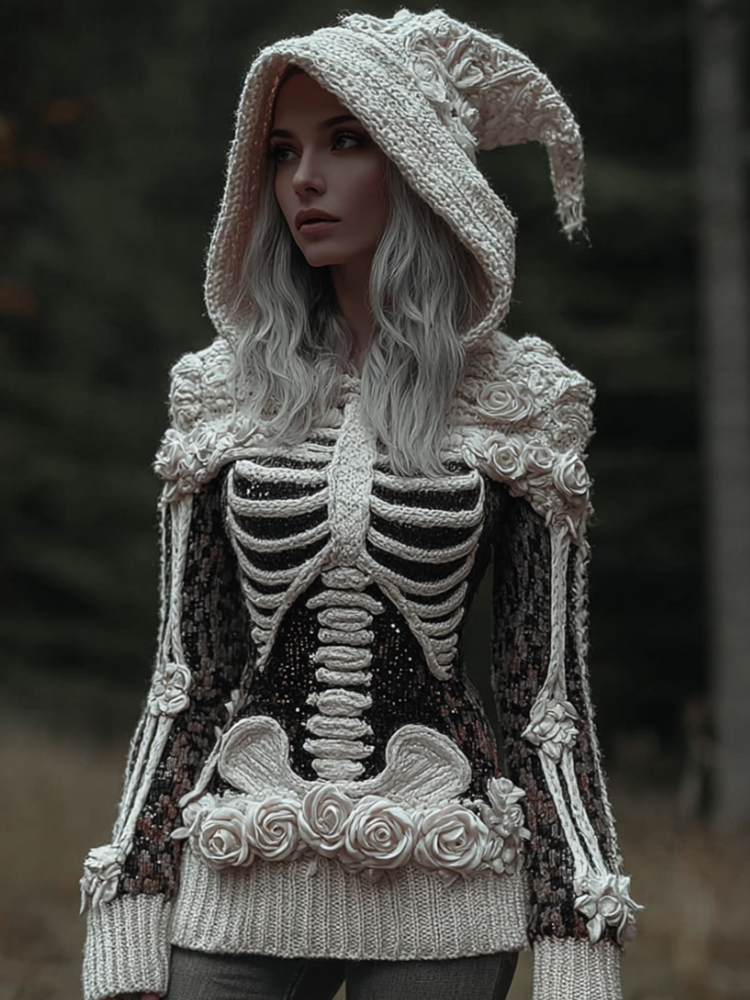 Women's Halloween Skeleton Art And Rose Gothic Hooded Sweater