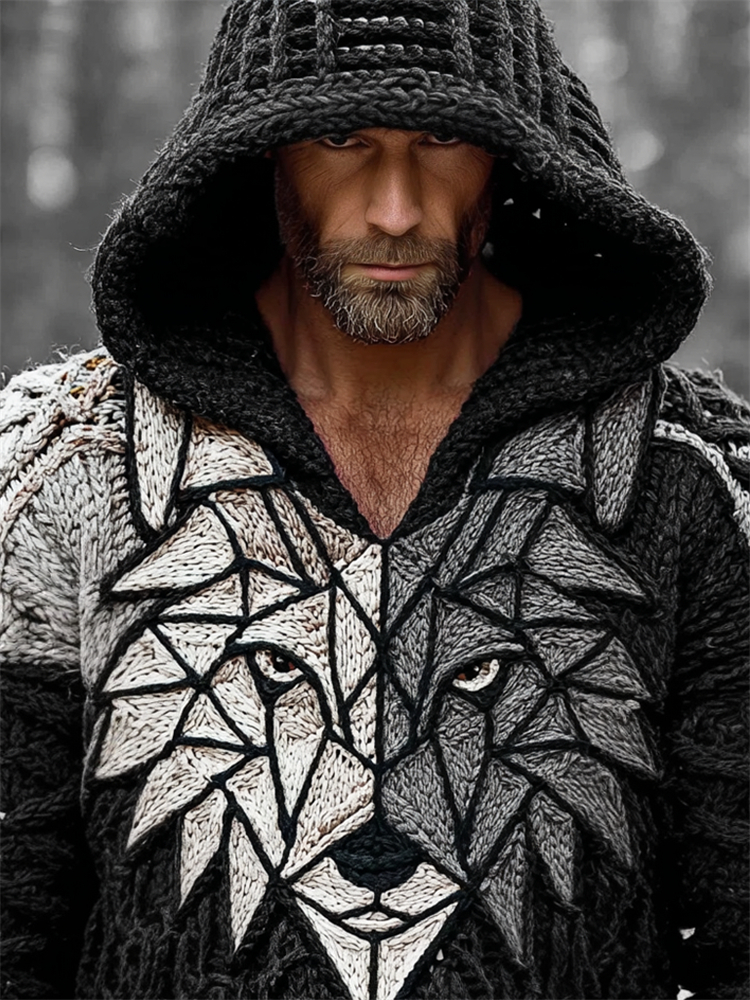 Men's Viking Wolf Face Geometric Contrast Cozy Knit Hooded Sweater