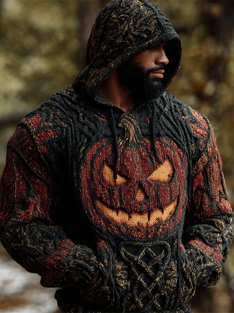 Halloween Pumpkin Lights Men's Chunky Knit Hooded Sweater