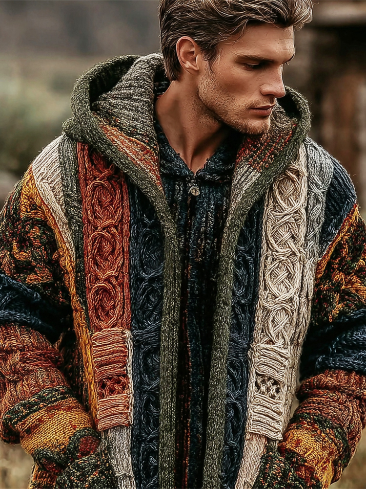Celtic Knot Vintage Geometric Art Men's Knit Hooded Cardigan