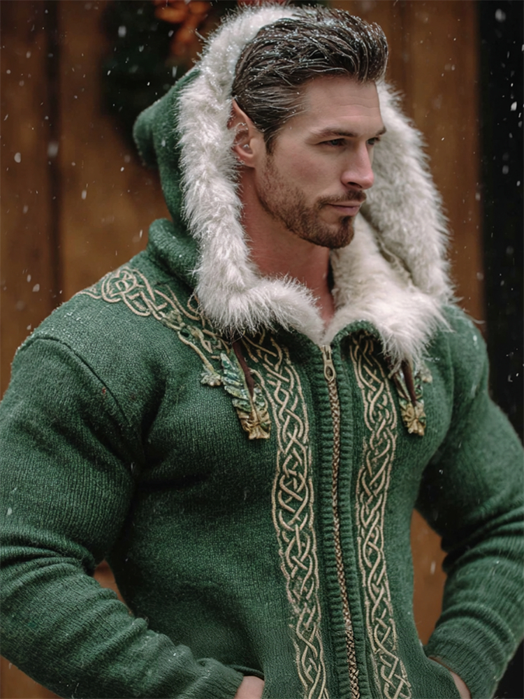 Men's Christmas Inspired Viking Celtic Fur Trim Hooded Cardigan