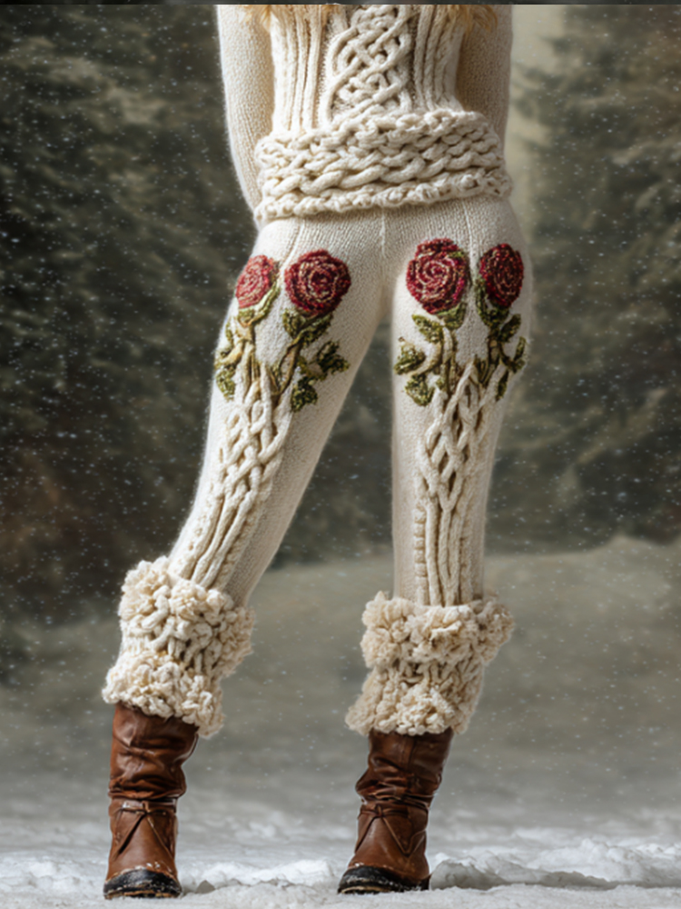 Women's Viking Style Rose Embroidered Leggings
