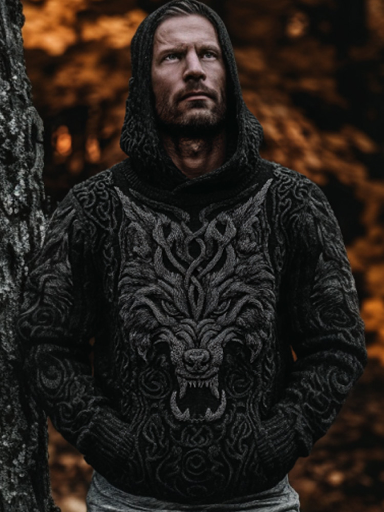 Men's Vintage Viking Wolf Embroidered Hooded Sweater