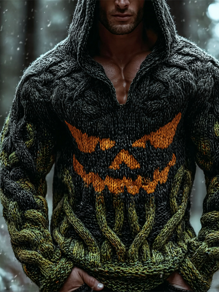 Viking Halloween Evil Emoji Vintage Men's Chunky Knit Twist Hooded Sweater