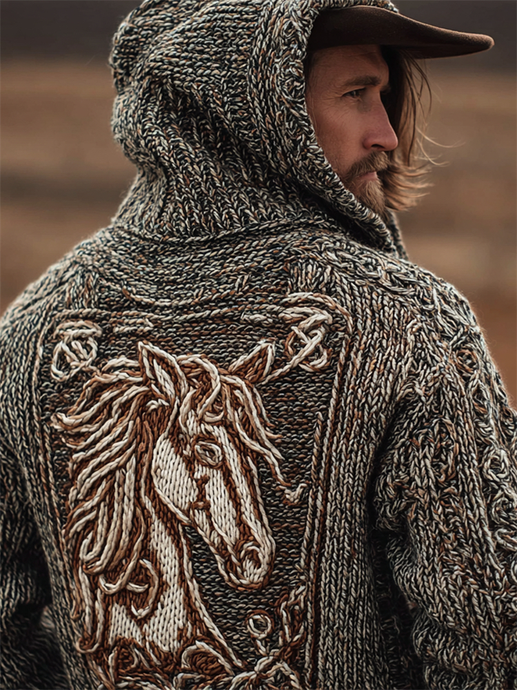 Men's Vintage Horse Celtic Cozy Knit Hooded Sweater