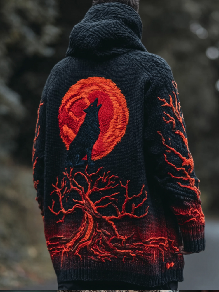 Halloween Tree Of Life Wolf Howl Embroidery Hoodie Long Sweater
