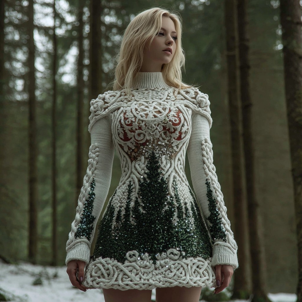 Women's Christmas Tree Forest Celtic Knot Sequins Knit Turtleneck Mini Sweater Dress