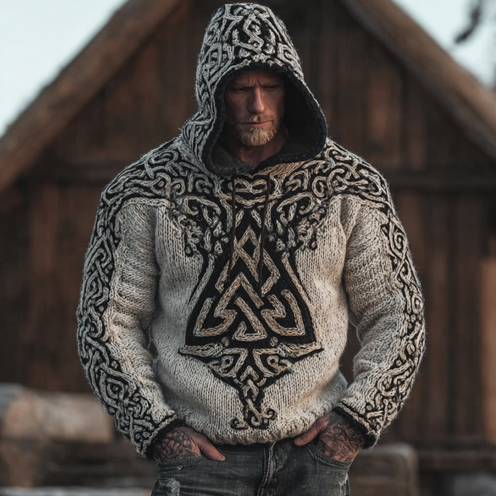 Men's Viking Style Celtic Knot White Hooded Sweater