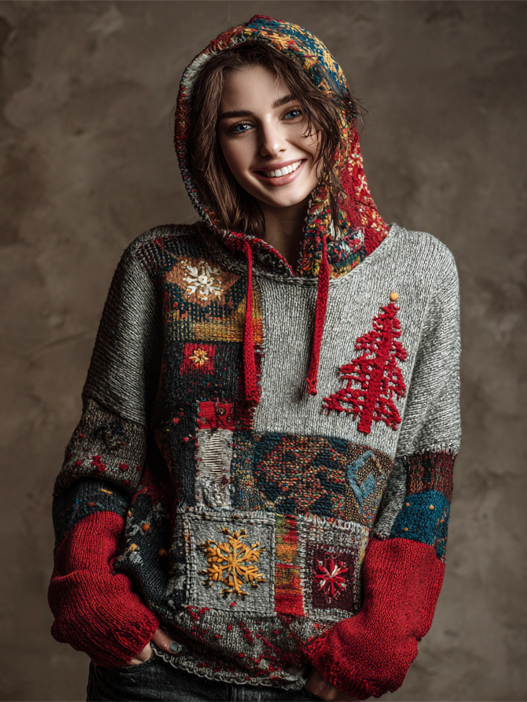 Vintage Christmas Tree Patchwork Art Women's Knit Hooded Sweater