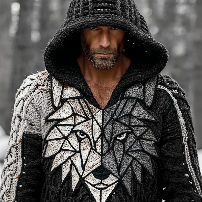 Men's Viking Wolf Face Geometric Contrast Cozy Knit Hooded Sweater