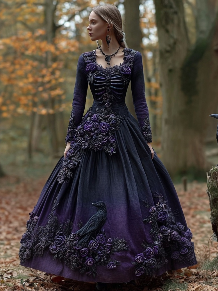 Classy Raven & Roses Skeleton Gradient Maxi Dress