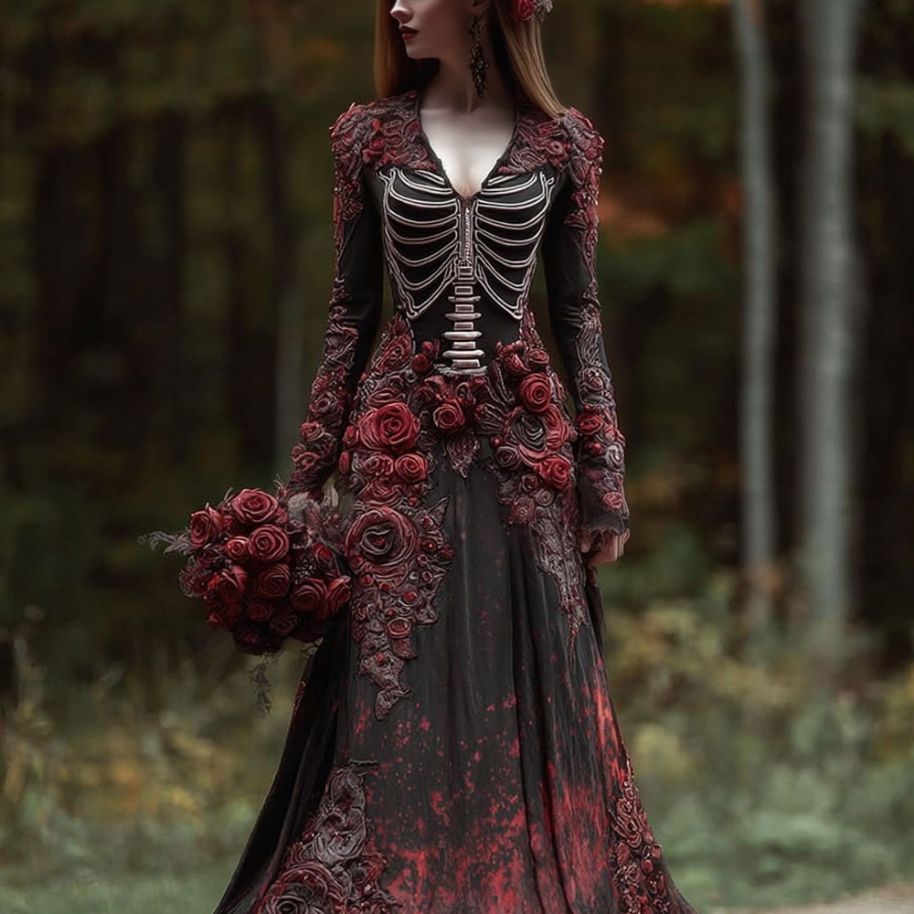 Classy Skeleton Flowers Embroidered Bloody Maxi Dress