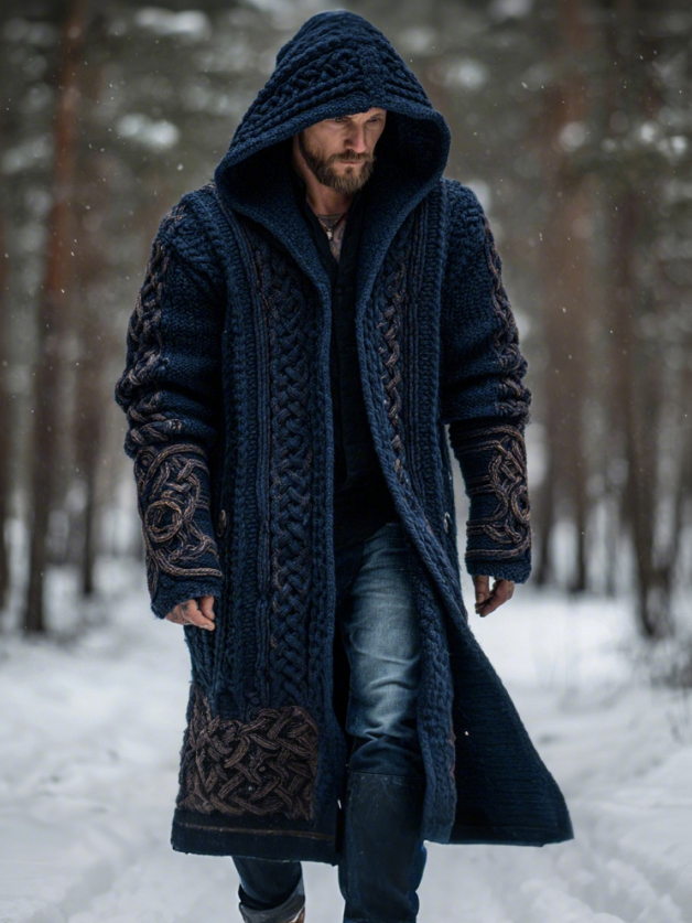 Men's Vintage Viking Celtic Knot Art Chunky Knit Mid-length Hooded Cardigan Sweater