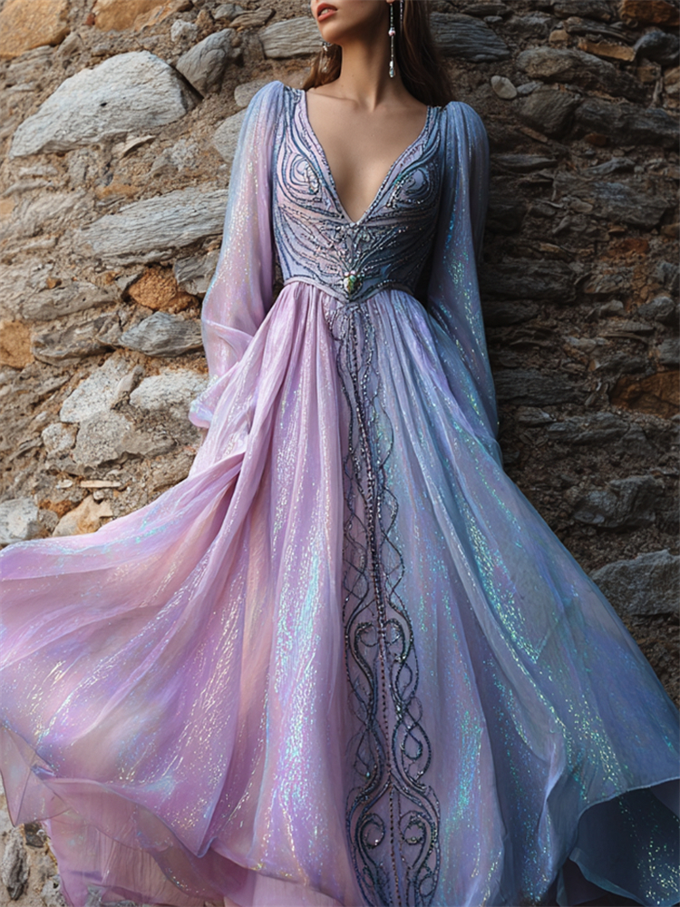 Elegant Opal Inspired Glitter Celtic Flowy Maxi Dress