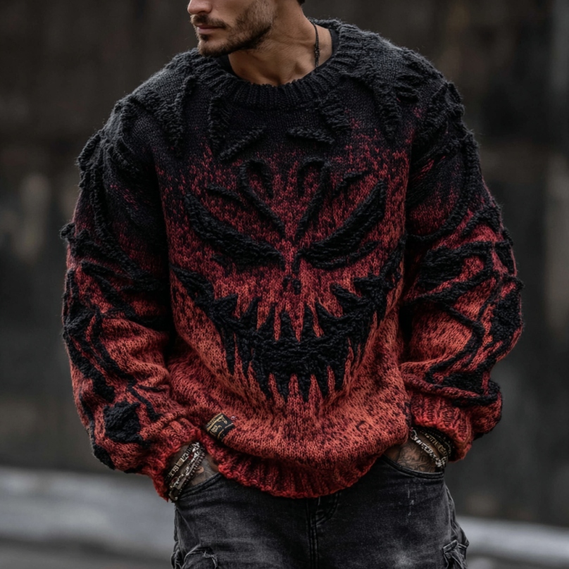Men's Halloween Ghost Face Gradient Cozy Knit Pullover Sweater