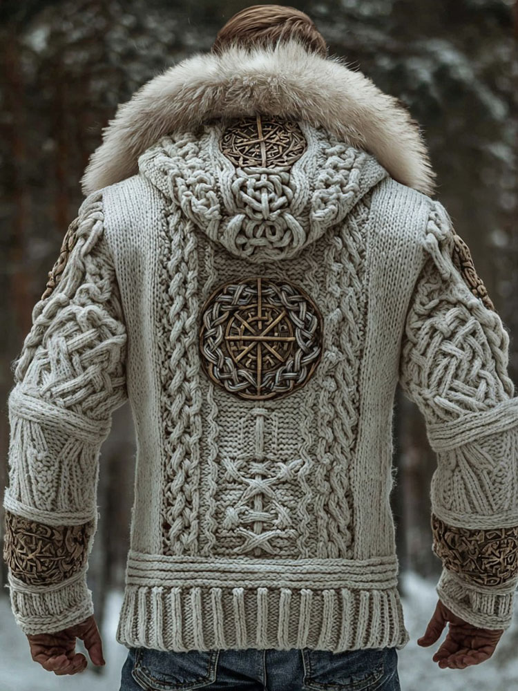 Men's Viking Runes Celtic Knot Art Cozy Fur Collar Knit Hooded Sweater Jacket