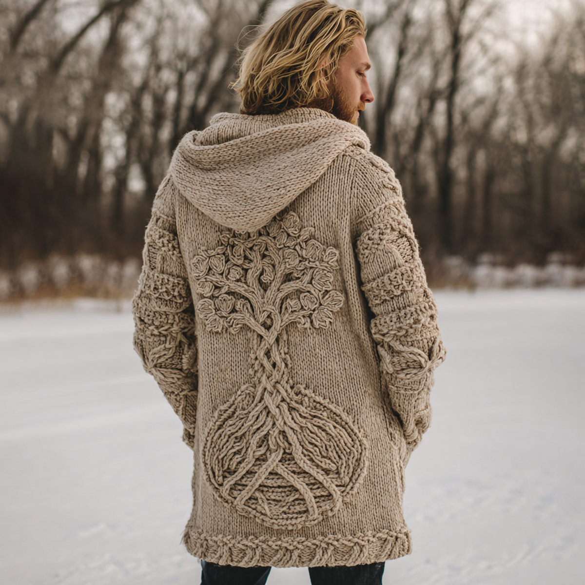 Men's Retro Tree Of Life Art Jacquard Chunky Knitted Cozy Hooded Cardigan
