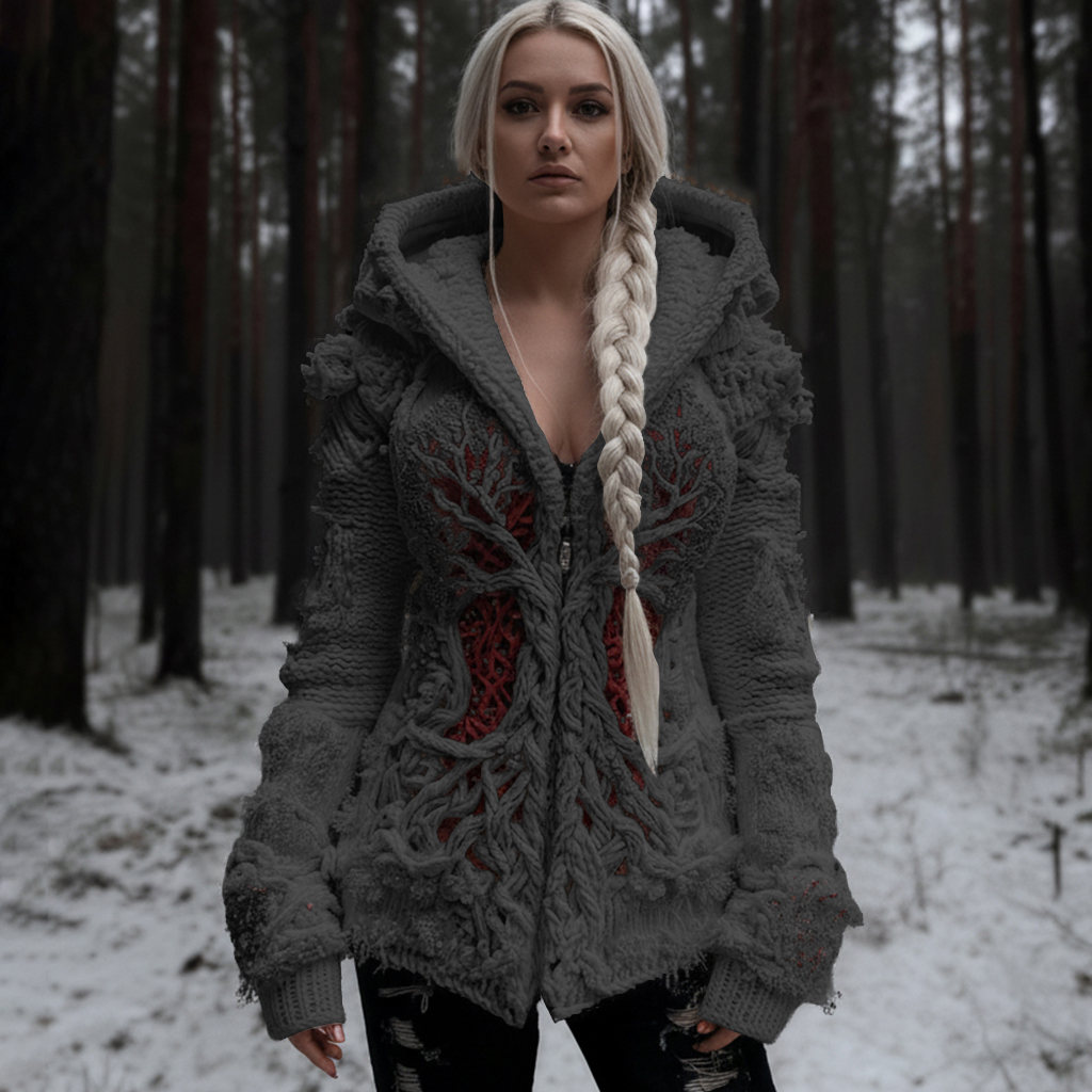 Women's Viking Tree Of Life Cable Knit Zip-up Hooded Sweater