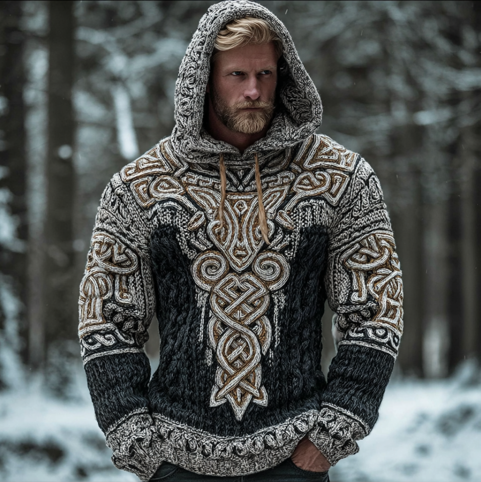 Men's Hooded Thick Sweater With Viking Style Tribal Totem And Wolf Totem Patterns