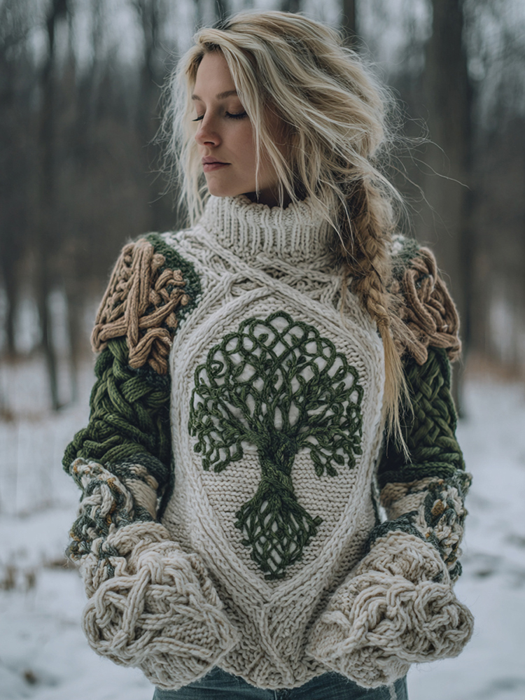 Women's Vintage Tree Of Life Celtic Knot Pattern Cozy Knit Turtleneck Sweater