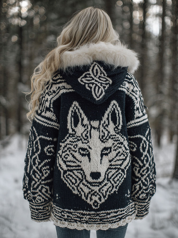 Women's Viking Wolf Celtic Art Cozy Fur Collar Knit Hooded Sweater Jacket