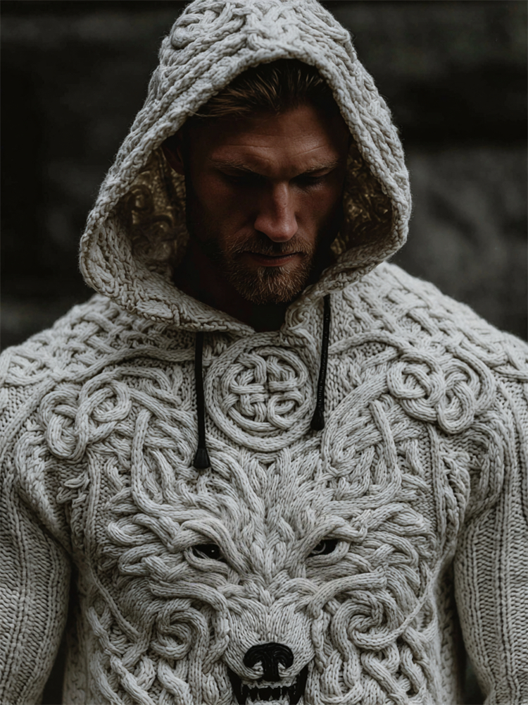 Men's Viking White Wolf Celtic Knot Chunky Hooded Sweater