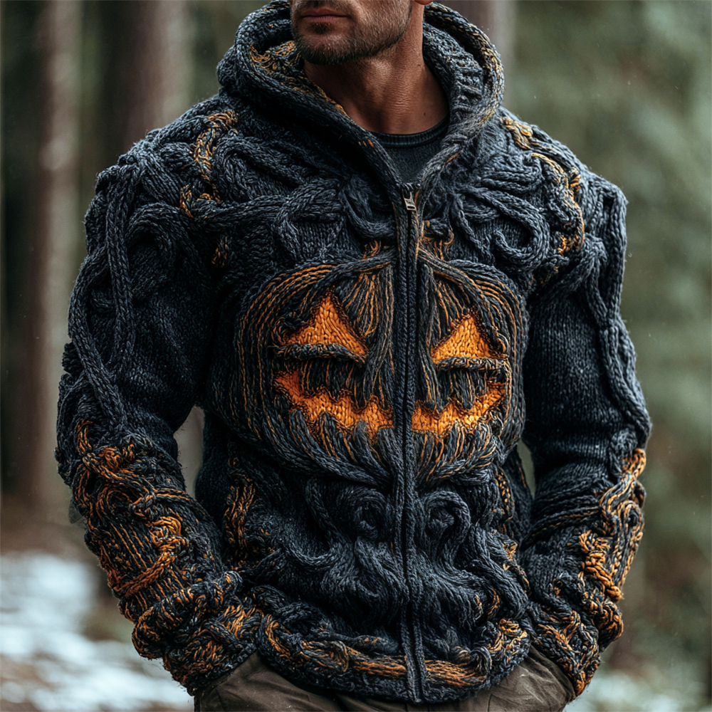 Halloween Pumpkin Emoji Men's Chunky Knit Full Zip Hooded Sweater