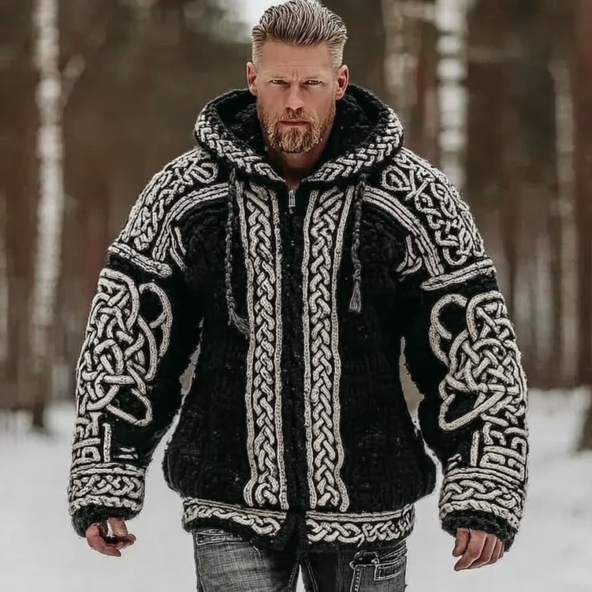 Men's Vintage Viking Celtic Knot Art Chunky Knit Hooded Zip-up Sweater