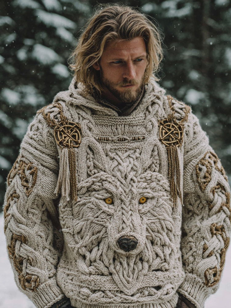 Men's Vintage Viking Wolf Celtic Knot Art Cozy Hooded Sweater
