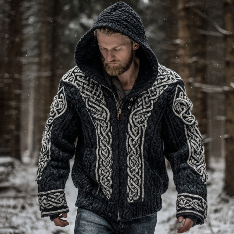 Men's Vintage Viking Celtic Knot Art Zip-up Chunky Knit Hooded Cardigan
