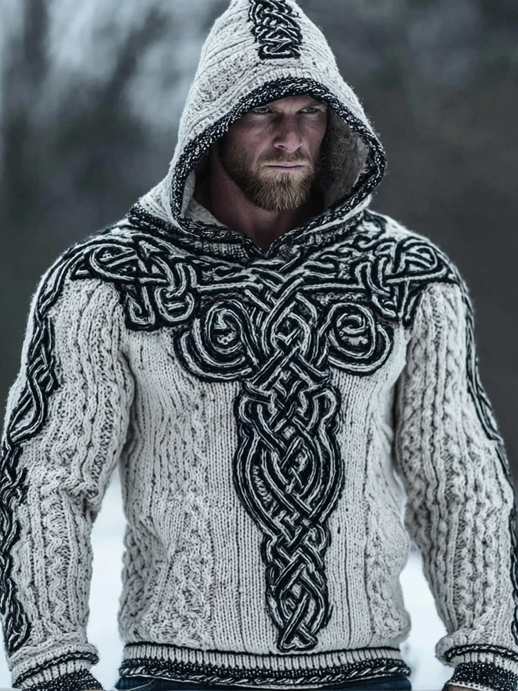 Men's Viking Inspired Celtic Chunky Knit Hooded Sweater