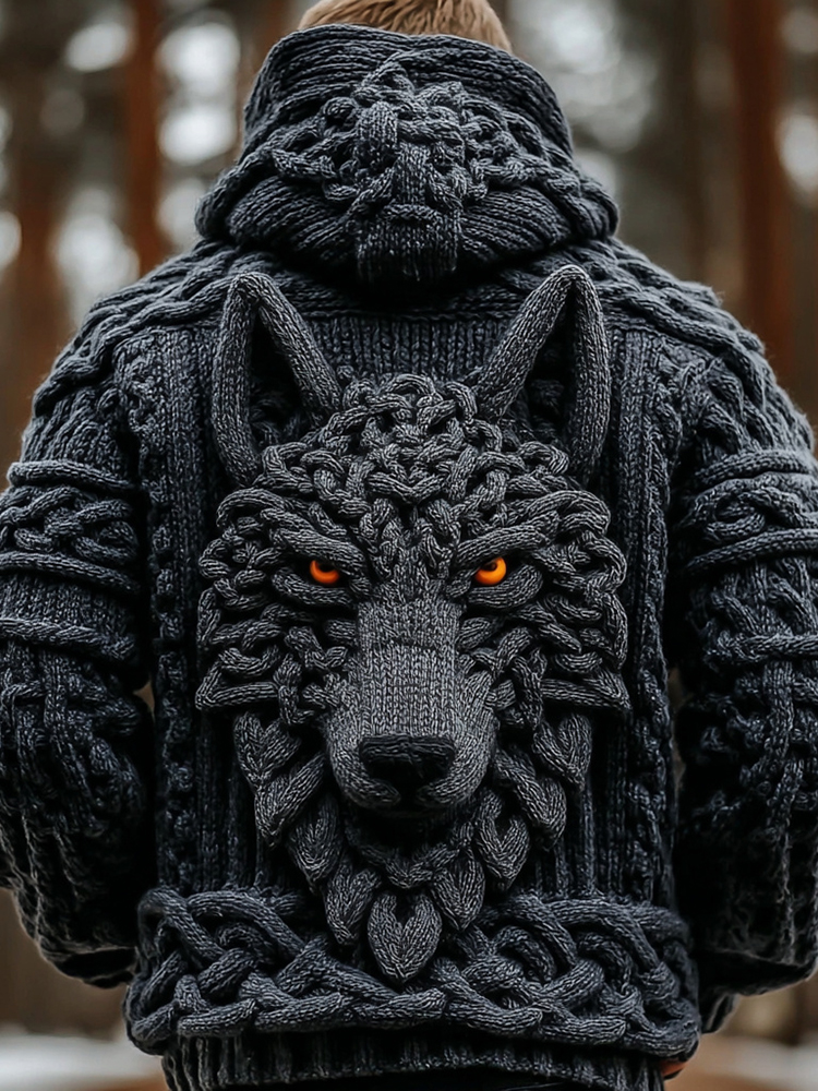 Men's Viking Wolf Totem Chunky Knit Hooded Cardigan