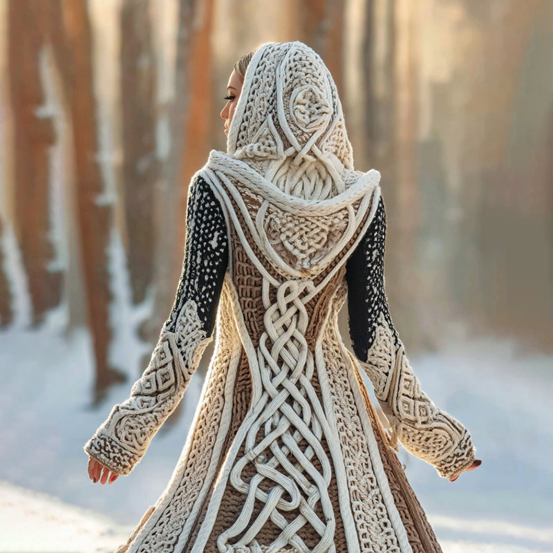 Women's Vintage Viking Celtic Color Block Knit Cozy Long Sweater Jacket