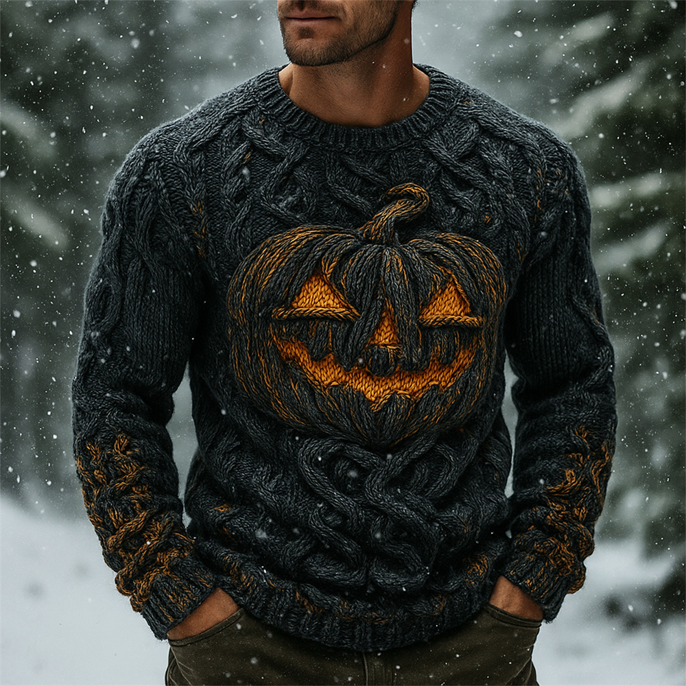 Halloween Pumpkin Emoji Men's Chunky Knit Crewneck Sweater