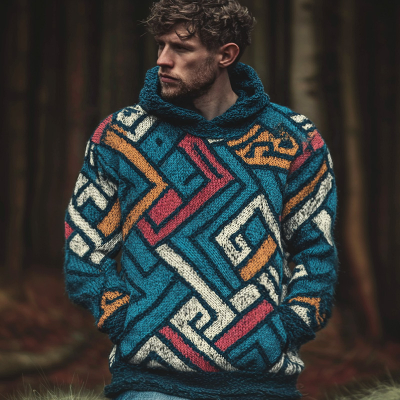 Men's Retro Geometric Line Embroidered Hooded Sweater