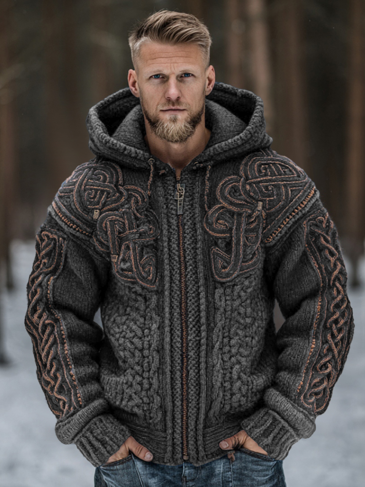Men's Vintage Viking Celtic Knot Art Chunky Knit Hooded Zip-up Sweater